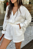 Casual Vacation Solid Draw String Pocket Turndown Collar Long Sleeve Two Pieces