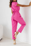 Casual British Style Solid Bandage Pocket V Neck Regular Jumpsuits