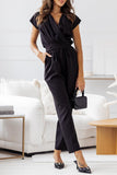 Casual British Style Solid Bandage Pocket V Neck Regular Jumpsuits