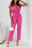 Casual British Style Solid Bandage Pocket V Neck Regular Jumpsuits