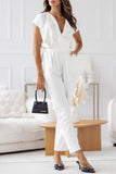 Casual British Style Solid Bandage Pocket V Neck Regular Jumpsuits