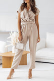 Casual British Style Solid Bandage Pocket V Neck Regular Jumpsuits