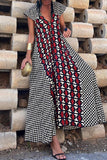 Casual Vintage Geometric Print Ripple Backless Asymmetrical V Neck Printed Dresses