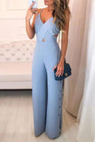 British Style Elegant Solid Buttons Slit V Neck Regular Jumpsuits