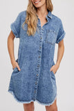 Casual Solid Pocket Turndown Collar Short Sleeve Loose Denim Dresses