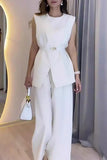Elegant Simplicity Solid Pocket O Neck Sleeveless Two Pieces