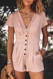 Casual Solid Pocket Buttons V Neck Regular Rompers