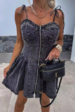 Casual Solid Make Old Zipper V Neck Sleeveless Regular Denim Dresses