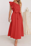 Sweet Elegant Solid Bandage Stringy Selvedge Oblique Collar A Line Dresses(5 Colors)