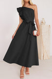 Sweet Elegant Solid Bandage Stringy Selvedge Oblique Collar A Line Dresses(5 Colors)