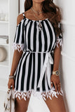 Elegant Striped Print Bandage O Neck A Line Short Sleeve Dress
