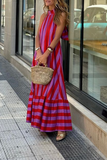 Casual Street Striped Print Lace Up Backless Contrast Halter Sleeveless Dresses