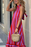 Casual Street Striped Print Lace Up Backless Contrast Halter Sleeveless Dresses