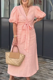 Casual Daily Lace Up V Neck A Line Short Sleeve Dress(7 Colors)