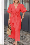 Casual Daily Lace Up V Neck A Line Short Sleeve Dress(7 Colors)