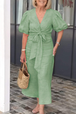 Casual Daily Lace Up V Neck A Line Short Sleeve Dress(7 Colors)
