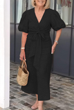 Casual Daily Lace Up V Neck A Line Short Sleeve Dress(7 Colors)