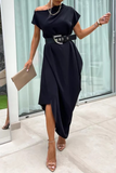 Casual Street Solid Color Without Belt Irregular Pile Heap Collar One Step Skirt Short Sleeve Dress(No Belt)(4 Colors)