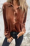 Casual Solid Color Pocket Buckle Turndown Collar Blouses(3 Colors)