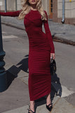 Daily Elegant Ruched O Neck Long Sleeve Dresses