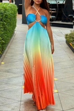 Sexy Vacation Gradient Color Strap Design Pleated Contrast Halter Pleated Dresses(4 Colors)