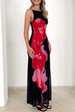 Sexy Flowers Backless Contrast Square Neck Long Dresses