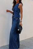 Casual Buttons O Neck Sleeveless Two Pieces