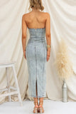 Sexy Solid Color Slit Zipper Strapless Sleeveless Skinny Denim Dresses