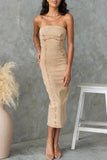 Sexy Solid Color Slit Zipper Strapless Sleeveless Skinny Denim Dresses