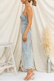 Sexy Solid Color Slit Zipper Strapless Sleeveless Skinny Denim Dresses