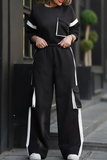Casual Solid Color Pocket Contrast O Neck Half Sleeve Two Pieces
