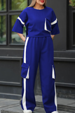Casual Solid Color Pocket Contrast O Neck Half Sleeve Two Pieces