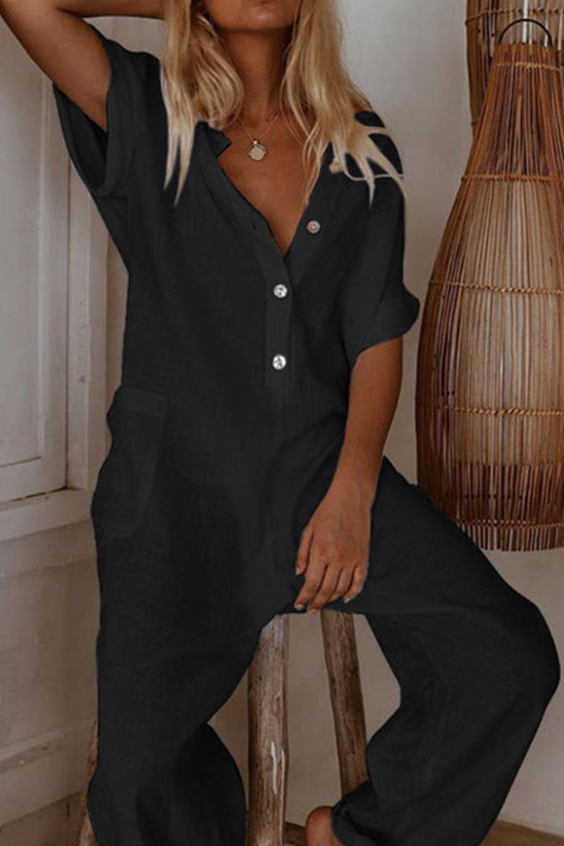 Fashion Casual Solid V Neck Loose Jumpsuits(4 Colors)
