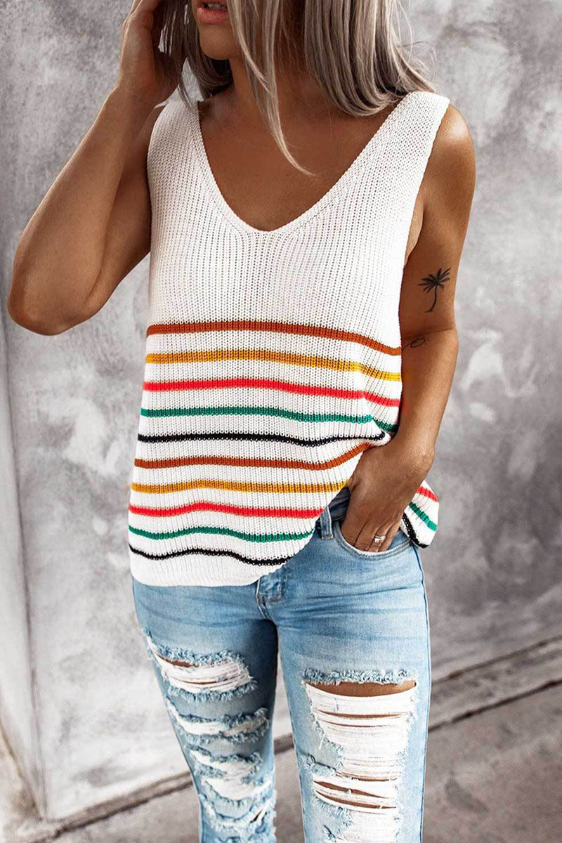 Casual Striped Split Joint V Neck Tops(4 Colors)