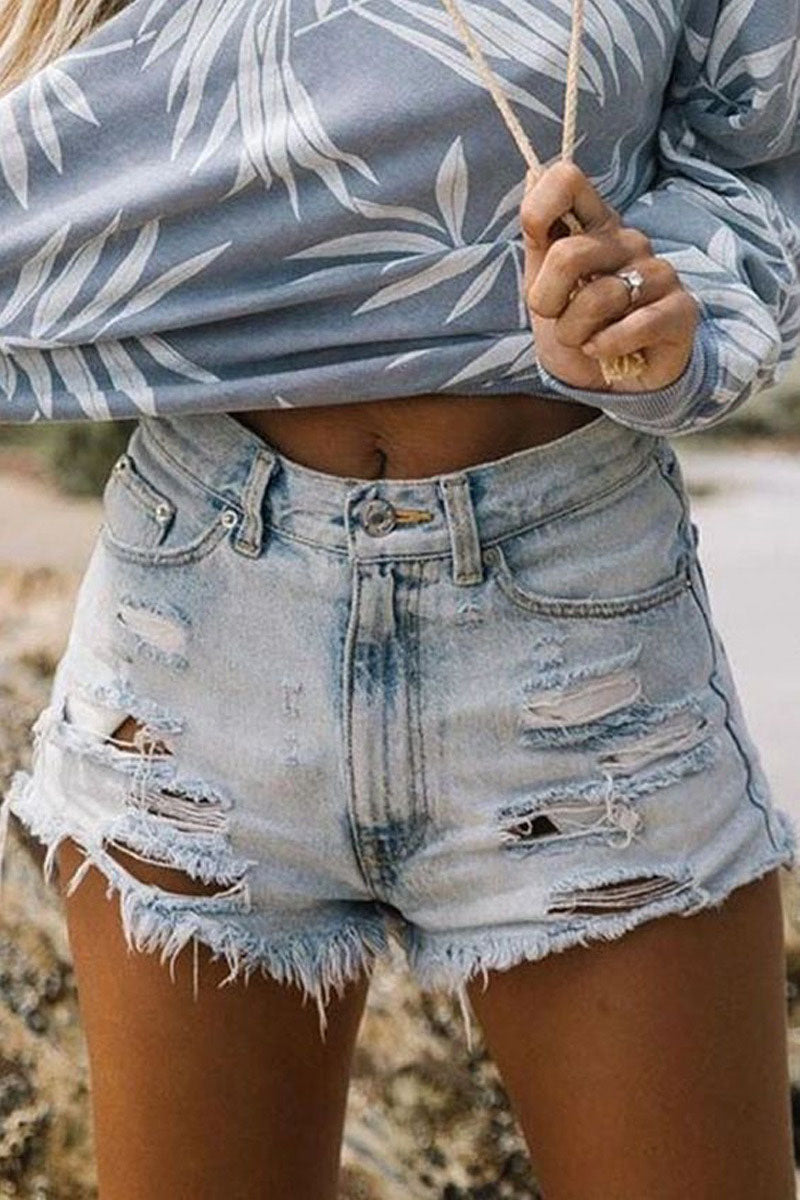 Casual Solid Ripped High Waist Straight Denim Shorts