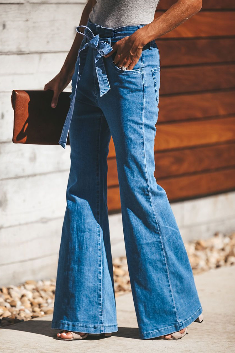 Street Plain With Belt Boot Cut Solid Color Bottoms – Bohonini