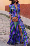 Lässige, gestreifte Patchwork-Kleider mit Umlegekragen und bedrucktem Kleid (4 Farben)