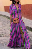 Lässige, gestreifte Patchwork-Kleider mit Umlegekragen und bedrucktem Kleid (4 Farben)