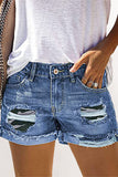 Moda Street Patchwork rasgado cintura média Shorts jeans retos