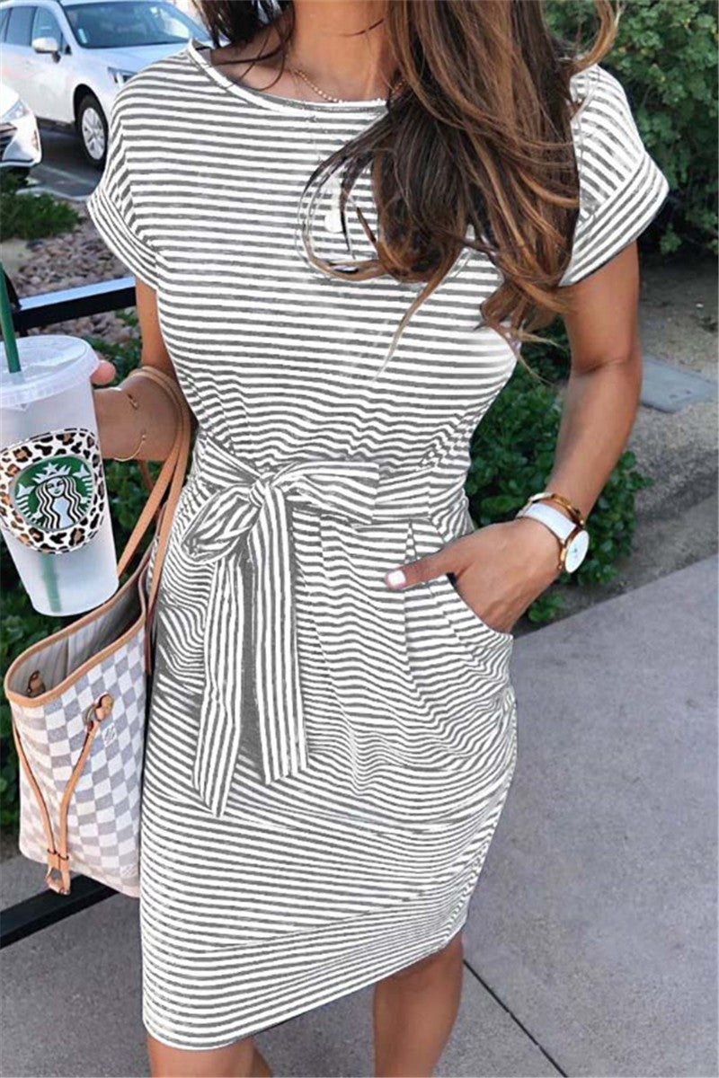 Cap Sleeve Short Sleeves O neck A-Line Knee-Length Striped Patchwork Dresses(6 Colors)