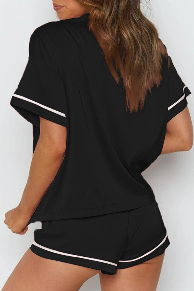 Fashion Living Solid Patchwork Turndown Collar Short Sleeve Two Pieces(3 Colors)
