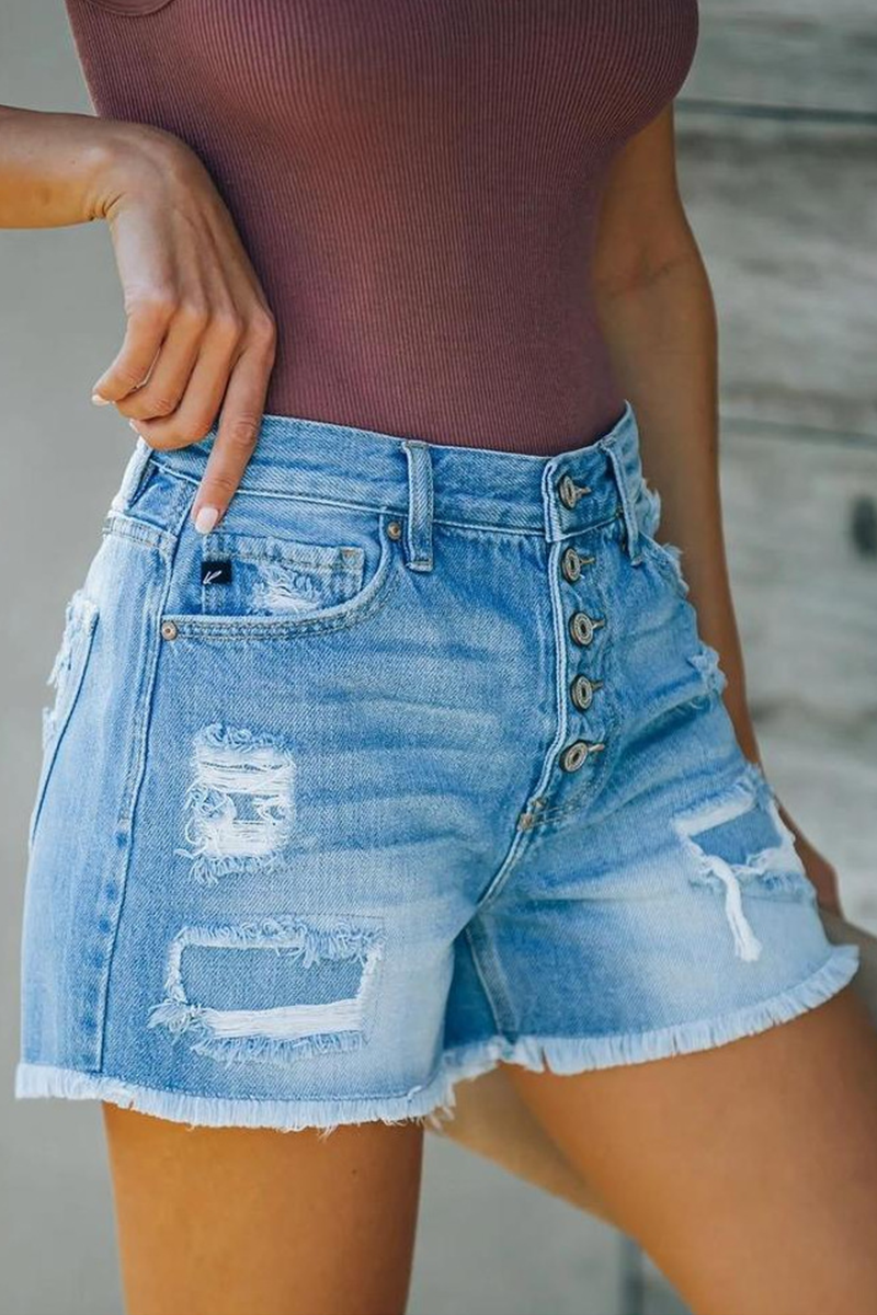 Casual Daily Solid Ripped High Waist Straight Denim Shorts