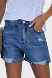 Street Solid Ripped Make Old Mid Waist Straight Denim Shorts(3 Colors)