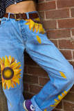 Lässige, florale Make-Old-Basic-Hose mit mittlerer Taille, weitem Bein und Positionierungsdruck
