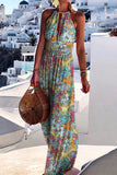Fashion Bohemian Print Patchwork Halter Pleated Dresses(4 Colors)