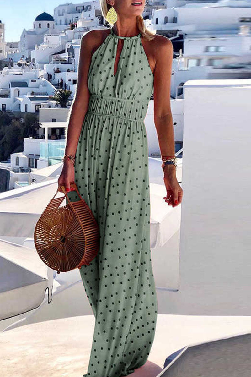 Fashion Bohemian Print Patchwork Halter Pleated Dresses(4 Colors)