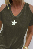 Lässiger Aufdruck „The Stars“ ausgehöhlte T-Shirts mit U-Ausschnitt (9 Farben)