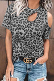 Camisetas fashion street leopardo escavadas com gola redonda