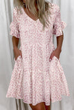 Casual Print V Neck A Line Mini Dresses(7 Colors)