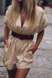 Casual Solid Patchwork Without Belt V Neck Straight Rompers